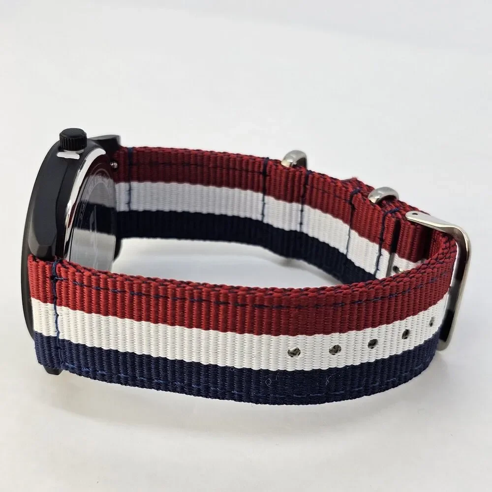 Men's 42MM Field Watch‎ Black Dial Blue White Red Canvas Band Straps New Battery